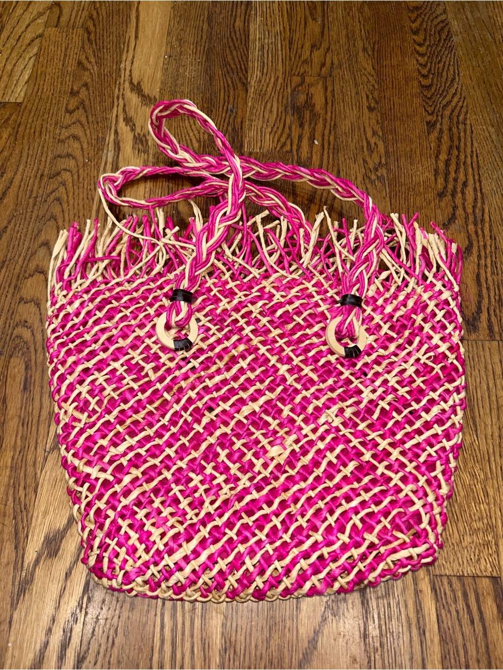 Boho Pink Woven Beach Tote - Vacation Style Straw Bag - Picture 4 of 5